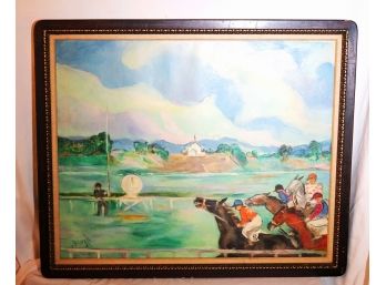 Vintage Horse Racing Painting Signed Block 84