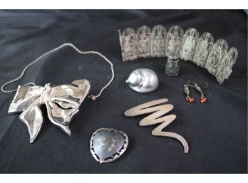 Jewelry Lot With Large 925 Bow, Squiggle Pin, Filigree Egyptian Bracelet & More