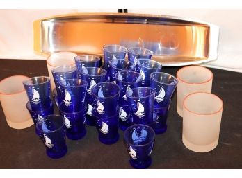 Lot Of 28 Nautical Inspired Shot Glasses, 4 Frosted Water Glasses & Gense Swedish Platter