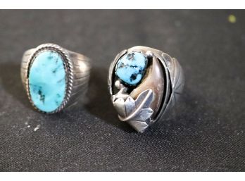 Two Signed Native American Mens Rings With Turquoise & Animal Claw Size 10 And 10.75