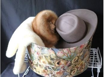Vintage White Mink Stole With Mink Hat & Wool Felt Hat