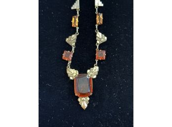 VINTAGE 16' GOLD TONE DECO STYLE NECKLACE WITH CITRING PENDANT AND CITRINE SIDE STONES