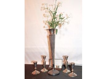 Sterling Silver Etched Trumpet Vase, Candlesticks & Pewter Salt & Pepper