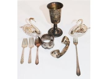 Lot Of Sterling Silver Items With Swan Salts, Baby Rattle Kiddush Cup & More