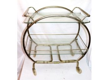 Art Deco Style Curved Brass Bar Cart With Glass Shelves