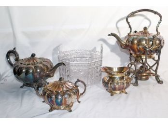 Victorian Sheffield 4 Piece Silver Plated Tea Set By James Dixon & Cut Crystal Bowl With Handles