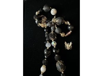 Beaded Necklace With Assorted Style Beads Pieces Of Multimedia 28' Plus Fly Pin!