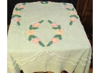 Vintage Chenille Bedspread With Sage Green Background & Flowers
