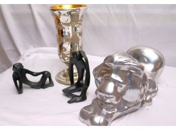 Signed Metal Lion Sculpture By David Parkin, Mercury Glass Vase & 2 Ceramic Monkeys
