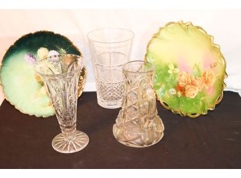 Lot Of 3 Etched Glass Vases & 2 Hand Painted Decorative Plates