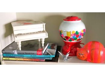 Lot Of Kids Books With Gum Drop Coin Bank & Piano Jewel Box