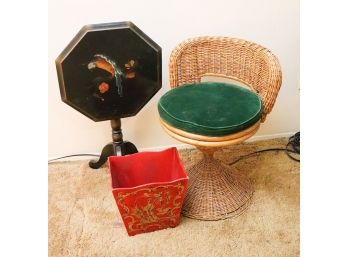 Home Dcor Lot With Small Tilt Top Table, Chinoiserie Wastebasket & Wicker Vanity Chair