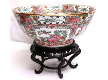 Large Hand Painted Rose Medallion Bowl On Carved Black Stand