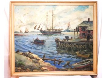 Post Modern Painting Of Wharf Scene With Sailboats & Lighthouse