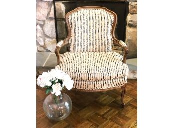 French Style Bergre Chair With Damask Upholstery & Vintage Glass Vase With Silk Peonies