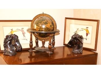 Lot With Ceramic Horse Bookends, Antique Style Globe & Fencing Prints