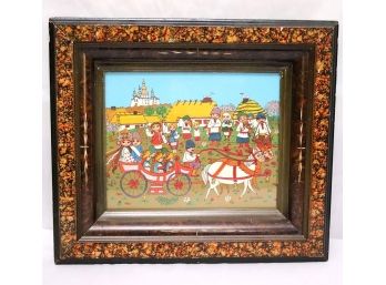 Primitive Reverse Painting On Glass Of East European Villagers Signed Yaroslava