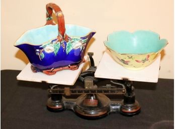 Decorative Lot With Antique Scale, Majolica Basket & Japanese Butterfly Bowl