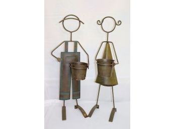Pair Of Metal Wire Figures Of A Boy & Girl With Planters