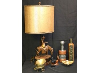 Assorted Decorative Items With Asian Figural Metal Lamp On Base, 2 Italian Liquor Bottles