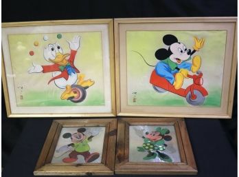 Japanese Stamped Drawings On Silk Of Mickey Mouse & Donald Duck & More