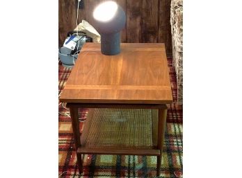 MCM Side Table With Rattan Shelf & Oxidized Metal Globe Lamp.