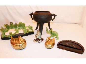 Lot Of Asian Collectables With Iron Incense Urn, Thai Gold Boxes & Resin Figurines