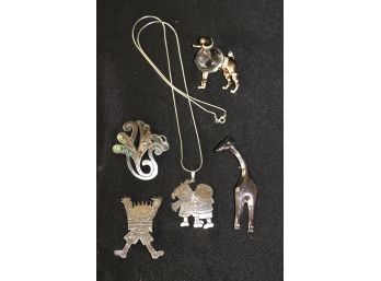 Lot Of 5 Sterling Silver Pins With Giraffe, Poodle, Kids Design & More