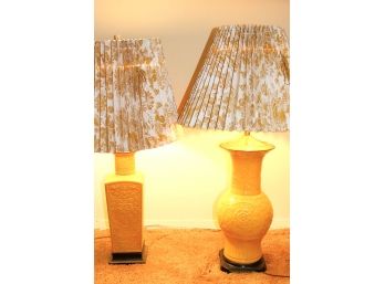 Two Asian Style Yellow Porcelain Table Lamps With Toile Shades