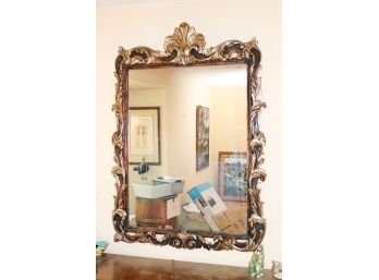 Decorative Mirror With Florentine Style Carved Wood Frame & Gilt Highlights