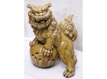 Large Olive Color Foo Dog Porcelain Statue In Crackle Finish With Paws On Ball