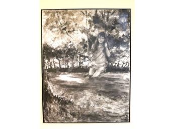 Mid Century Painting In Shades Of Black & White Of Girl On A Swing Signed By Artist