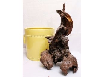 Large Yellow Ceramic Planter & Natural Driftwood Mounted For A Lamp