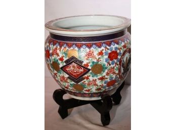 Hand Painted Asian Planter With Cranes & Flowers On Wood Stand