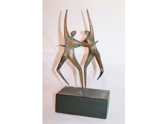 Stamped Jere Metal Sculpture Of 2 Minimalist Dancing Figures On Wood Base