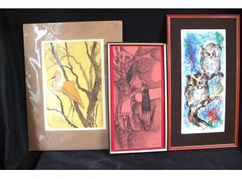 Lot Of 3 Vintage Artwork With Bonn Pencil Sketch, Owl Artwork & Heron In Trees Lithograph