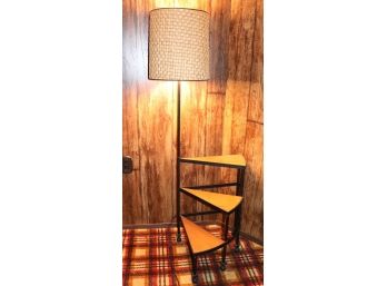 Retro Wrought Iron Floor Lamp With Circular Wood Steps & Rattan Shade