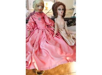 Two Vintage Boudoir Dolls With Painted Faces & Satin Dresses