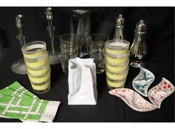 Lot With Rosenthal Porcelain Bag, Art Nouveau Candlesticks & Vintage Bar Glasses