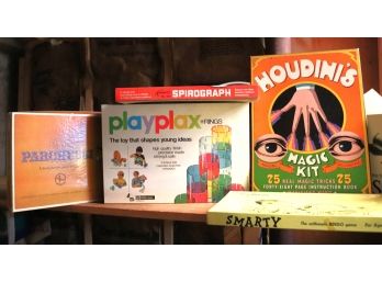 Lot Of Vintage Kids Games With Houdinis Magic Kit, Smarty, Spirograph & More