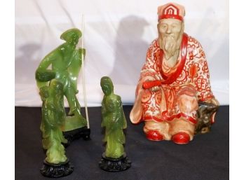 Chinese Hand Painted Ceramic Figurine Of Wise Man & 3 Resin Figurines