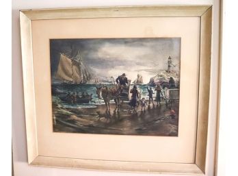 Framed Watercolor Painting Of Travelers To New Lands
