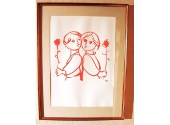 1960s Era Lithograph Of Boy & Girl With Flowers Signed & Numbered 4/85