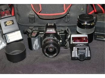 Vintage Minolta Camera, Lens & Flash In Original Case & Polaroid
