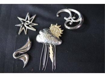 Unique Group Of 4 Sterling Silver Pins, Some Signed By Designer