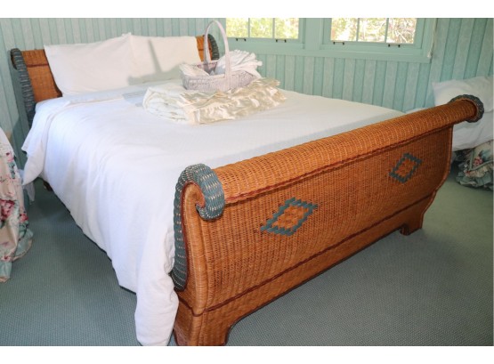 Stunning Wicker Sleigh Bed With Light Blue/Burgundy Tone Accents, Includes A Bed Tray & Bedding