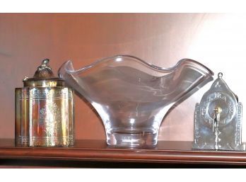 Simon Pearce Centerpiece Bowl With A Wavy/Rippled Design, Engraved Tea Caddie & Metal Temple Clock