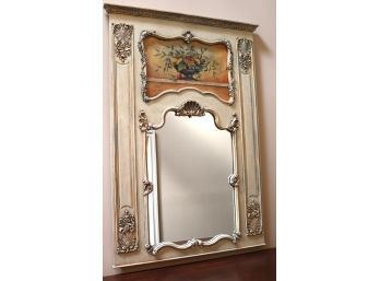 Trumeau Wood Mirror With Hand Painted Still Life Signed By Artist, Carved Shell Motif & Floral Accents 54