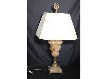 Highly Carved Heavy Russian Marble Table Lamp With Elegant Swan Head Finial, Lamp Is Marked Benjamin