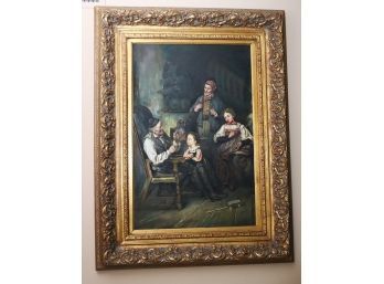 P. Denison Signed Painting Of An Old Man Sitting Tell Story On A Very Ornate Carved Wood Frame